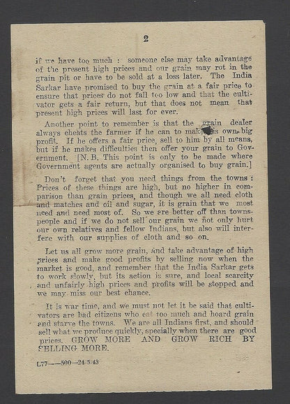 India 1943 WW2 War Front Propaganda Leaflet Note For Speakers The Food Position