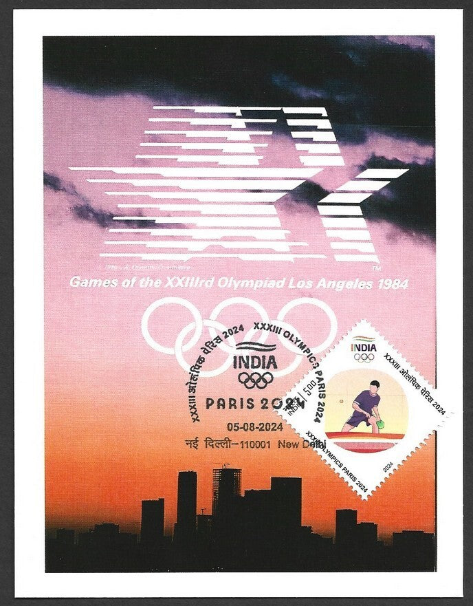 India 2024 Paris Olympics maxi card with 1984 Los Angeles, US Olympics cachet