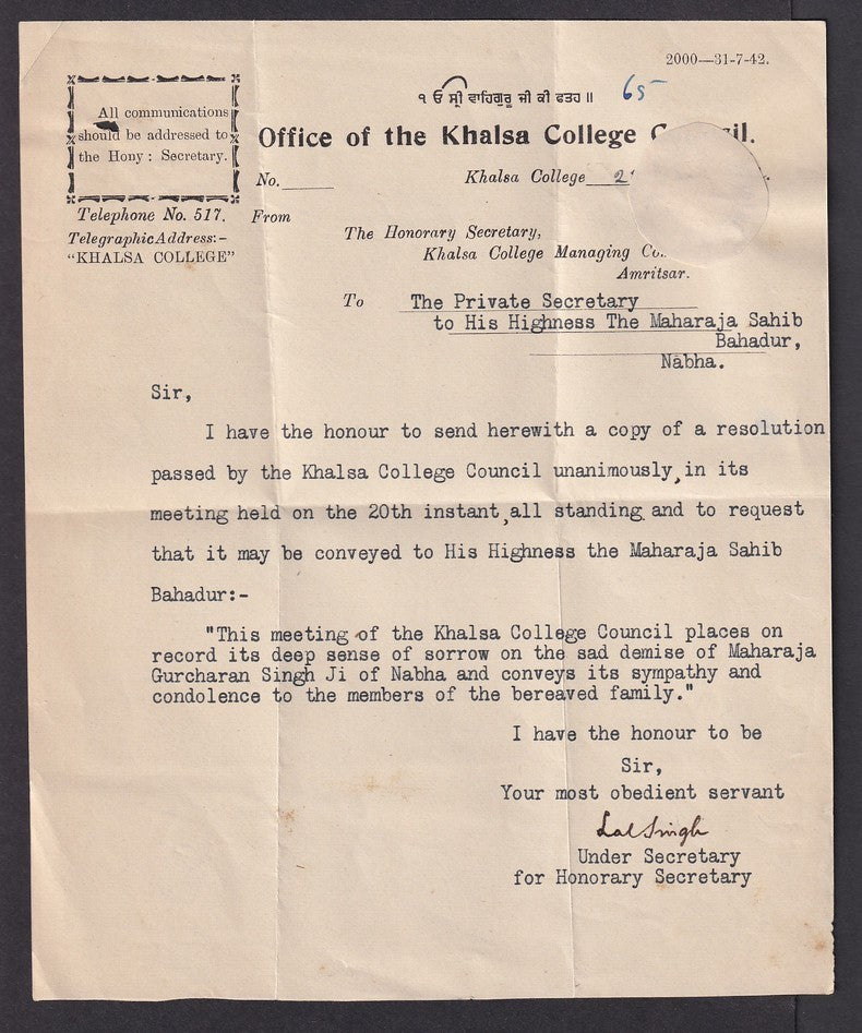 India Khalsa College Council 1942 letter condoling death Maharaja of Nabha