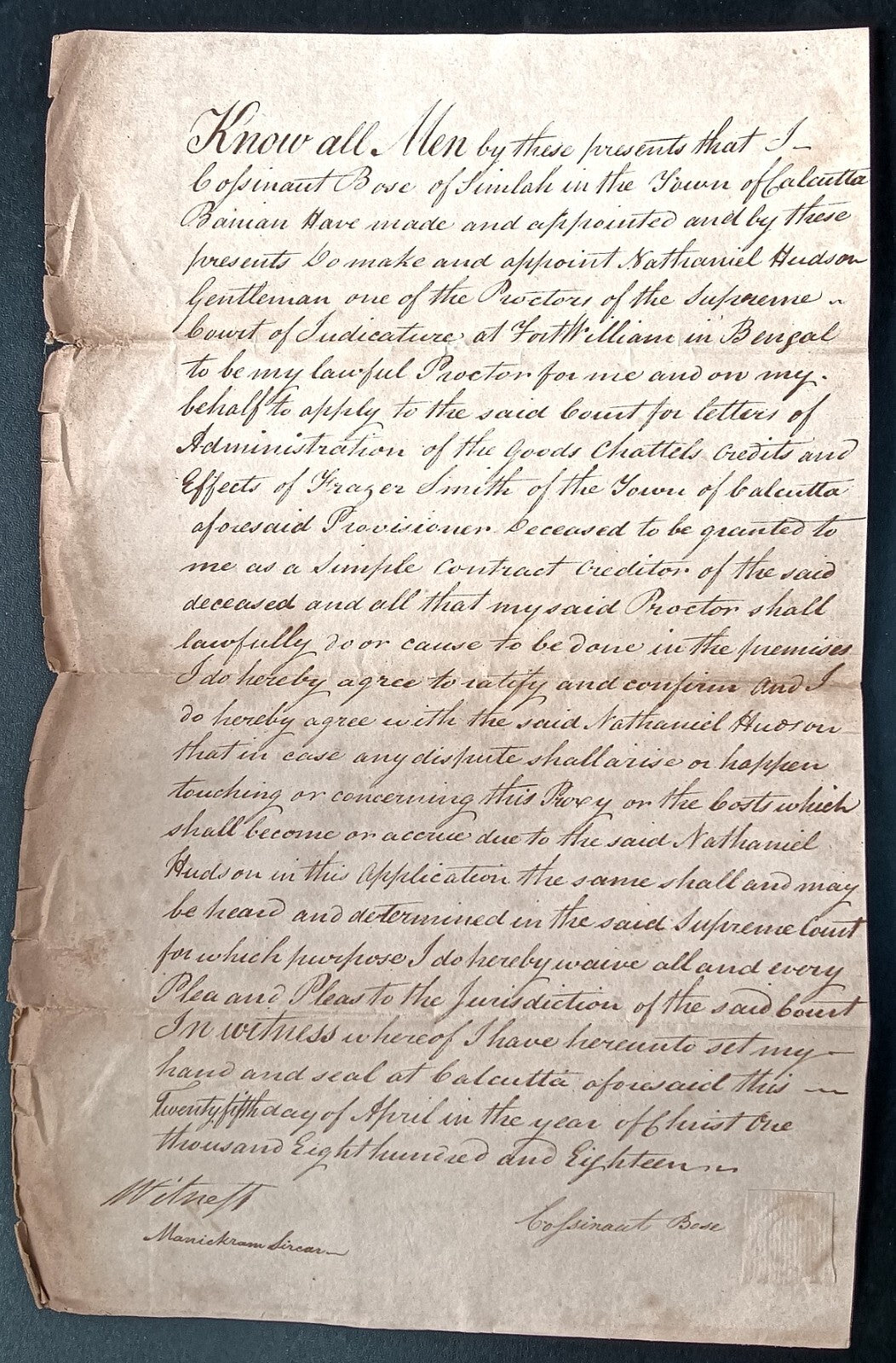 India King George IIII 1818 Fort William, Calcutta document