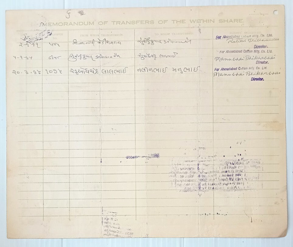 AOP India 1948 share certificate The Ahmedabad Cotton MFG. Co. Ltd