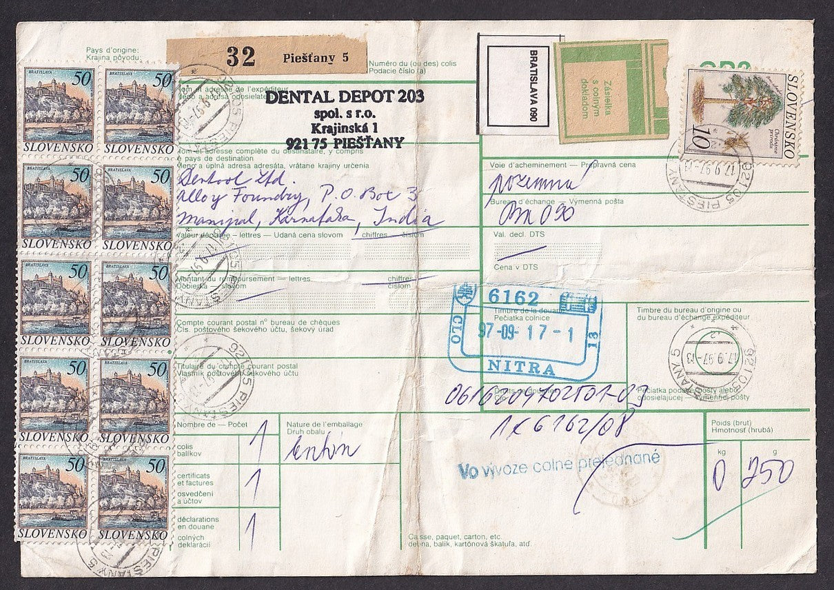 Slovensko Slovakia 1993 50kc x 15 on parcel card to India