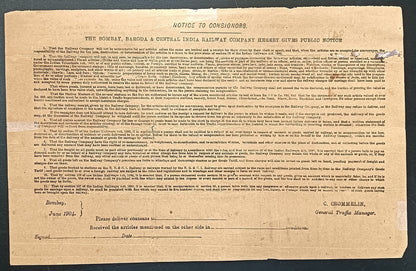 India Bombay Baroda & Central India Railway goods receipt 1908