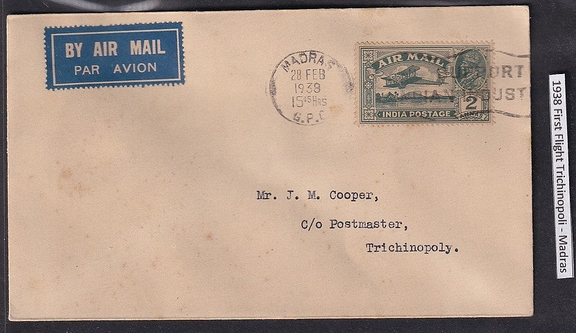 India 1938 First Flight cover Trichnopoly to Bombay