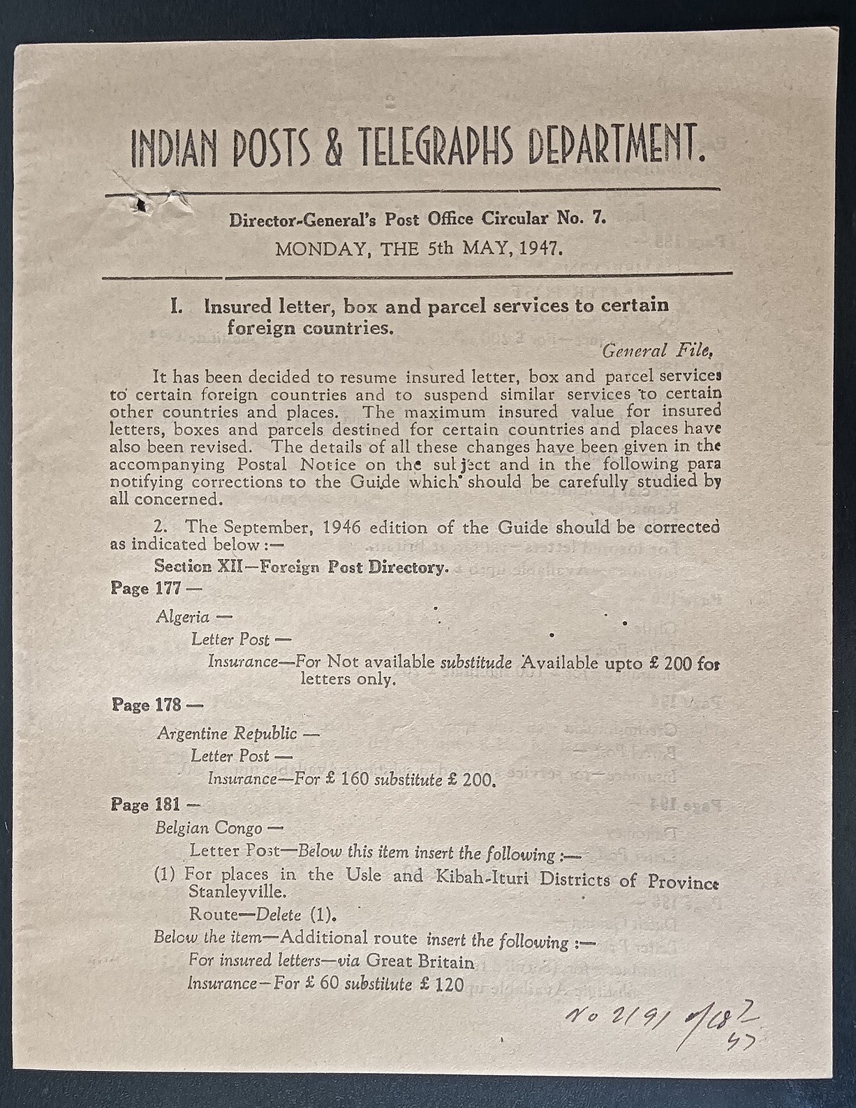 India POSTAL NOTICE No. 8 5th May 1947 Insured Letter Services + CIRCULAR No. 7