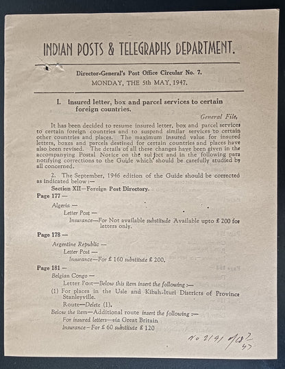India POSTAL NOTICE No. 8 5th May 1947 Insured Letter Services + CIRCULAR No. 7