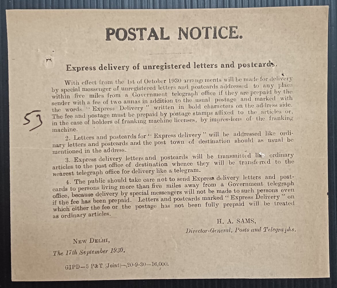 India POSTAL NOTICE 1930 Express delivery of Unregistered articles + CIRCULAR