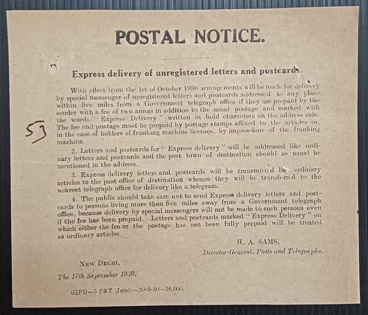India POSTAL NOTICE 1930 Express delivery of Unregistered articles + CIRCULAR