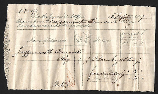 India 1857 Calcutta General Post Office letter Receipt