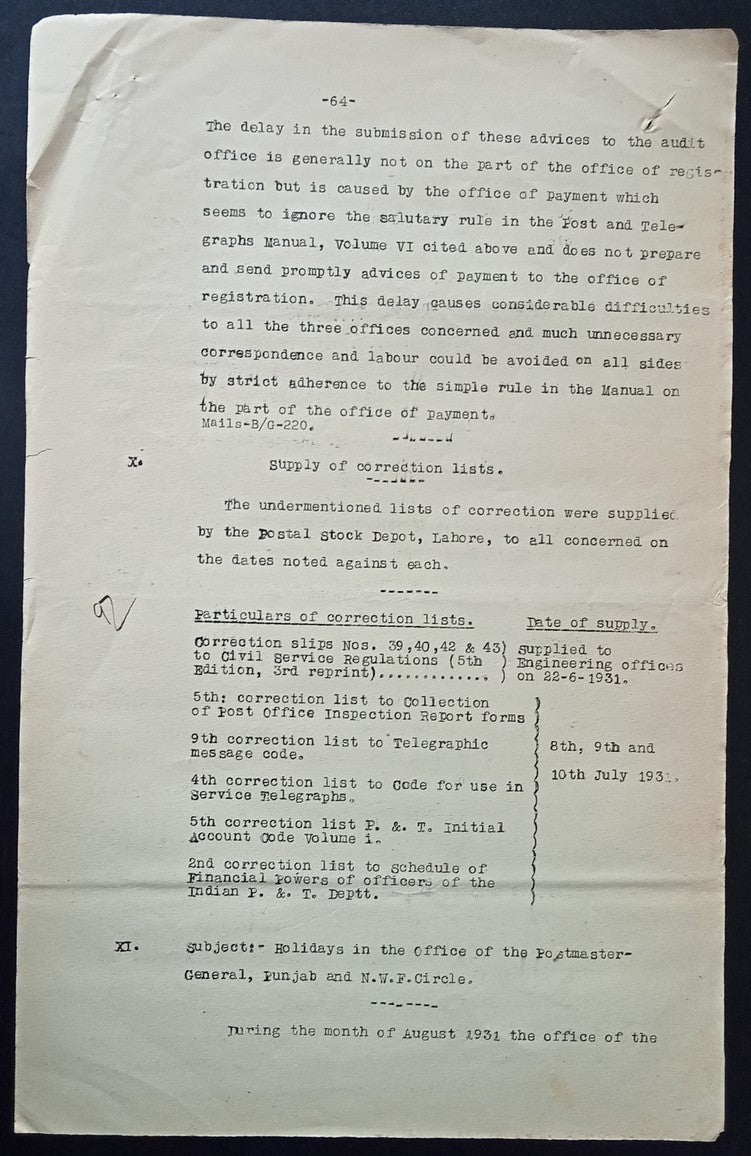 India 1931 PG'S POSTAL CIRCULAR List of convicted Postal Official & their crimes