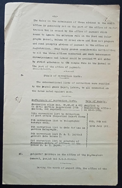 India 1931 PG'S POSTAL CIRCULAR List of convicted Postal Official & their crimes