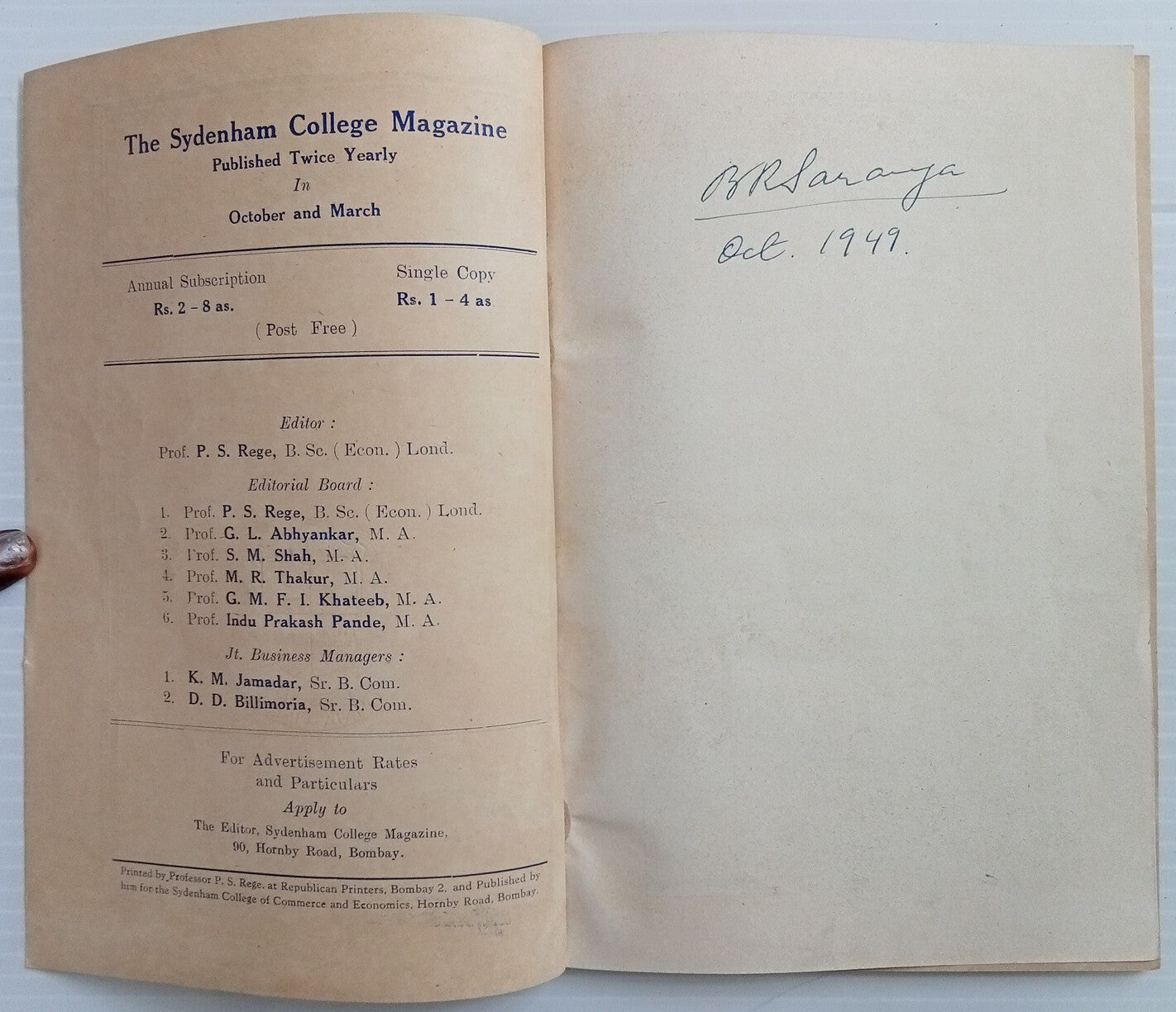 AOP India Sydenham College Magazine October 1949