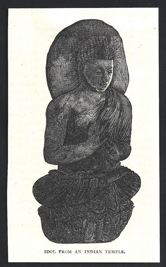 India IDOL FROM AN INDIAN TEMPLE engraved print ex libris Rousslet 1876 5"x3"
