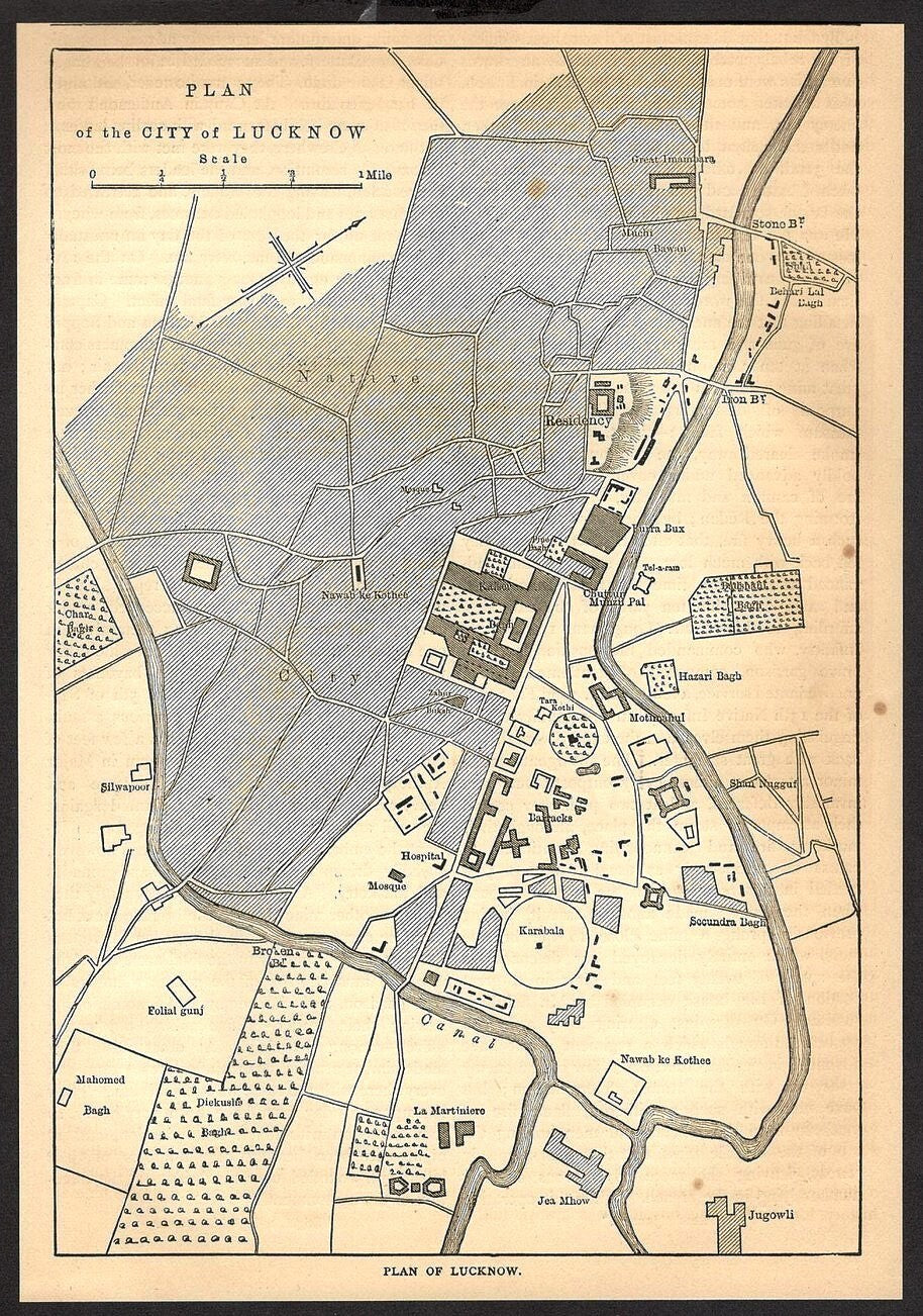 India PLAN OF LUCKNOW (MAP) engraved print ex libris Rousslet 1876 6.5"x9"