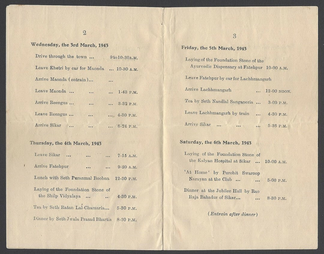 AOP India Jaipur State 1943 Tour Programme of the Prime Minister 