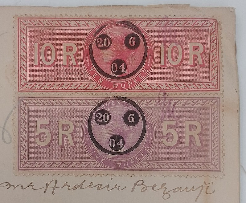 AOP India QV Queen Victoria 1868 Special Adhesive 5R &10R on 1904 indenture