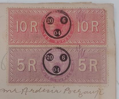 AOP India QV Queen Victoria 1868 Special Adhesive 5R &10R on 1904 indenture