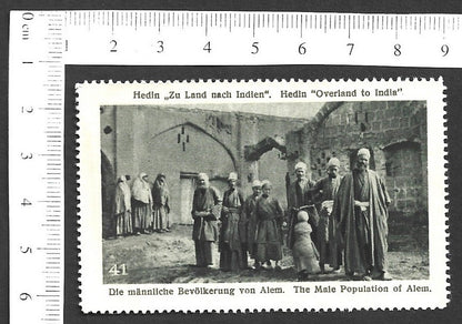 Vintage OVERLAND TO INDIA poster stamp - THE MALE POPULATION OF ALEM zaz