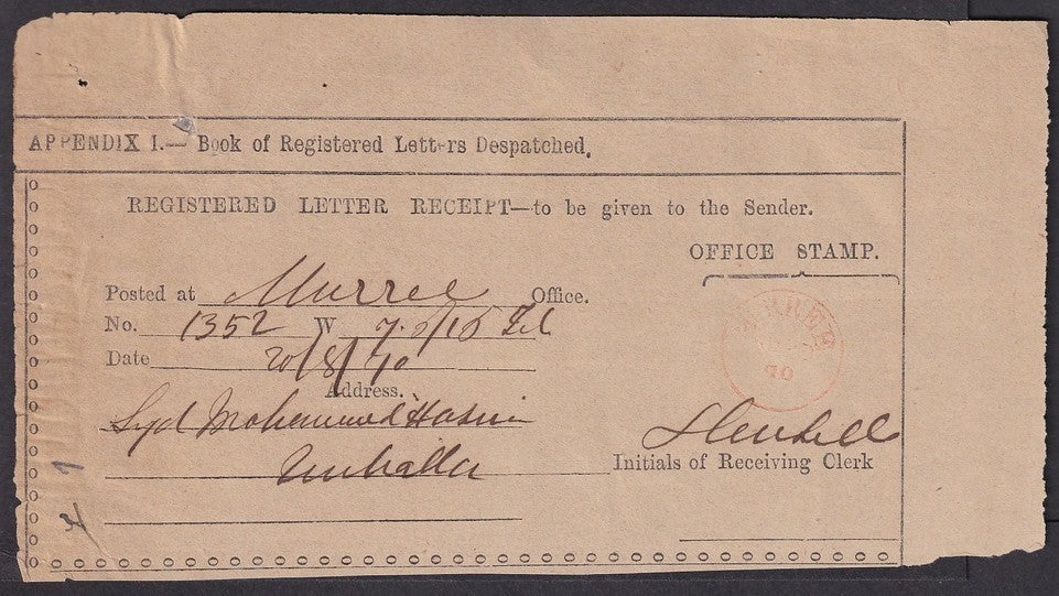 India printed Registered Letter receipt used 1870