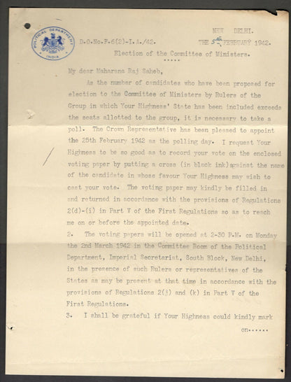 India 1942 Political Dept. crested letter to the Maharana of Wankaner 