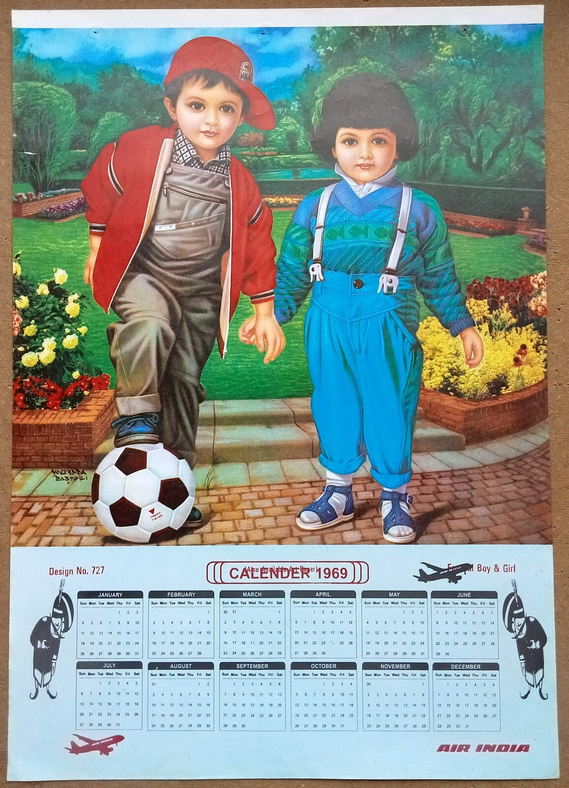 AIR INDIA 1969 poster calender 727 - FOOTBALL BOY & GIRL by YOGENDRA RASTOGI - R