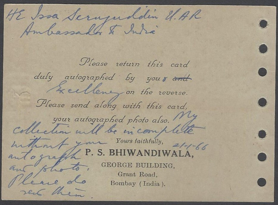 AOP 1966 autograph card signed ISSA SIRAJUDDIN UAR Ambassador to India