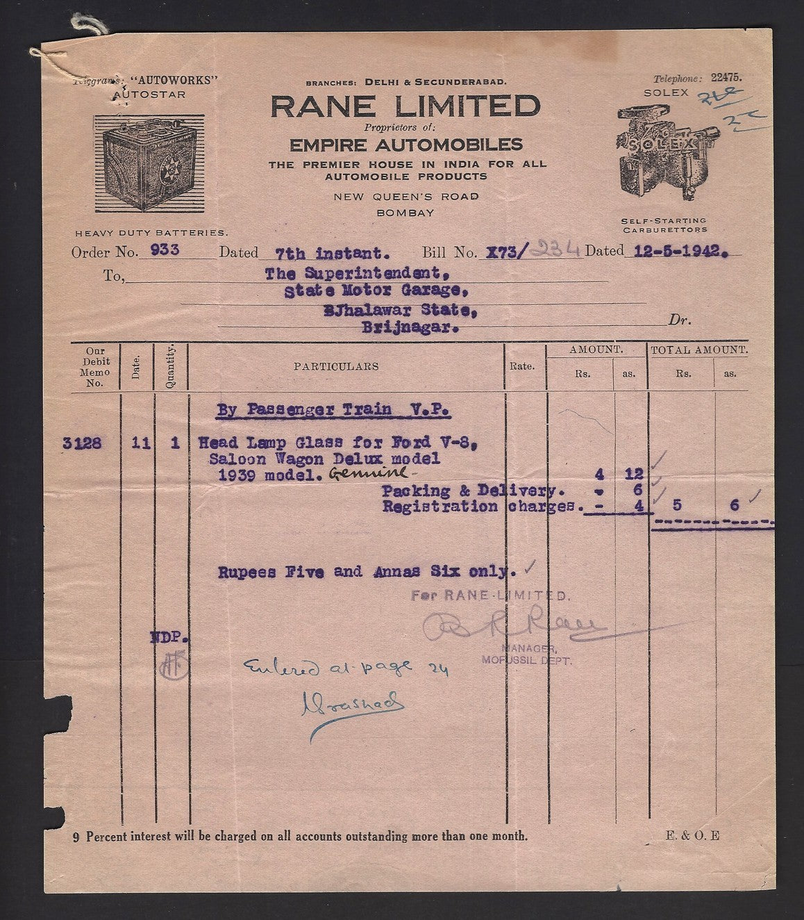 India 1942 Empire Automobiles Bombay pictorial Billhead