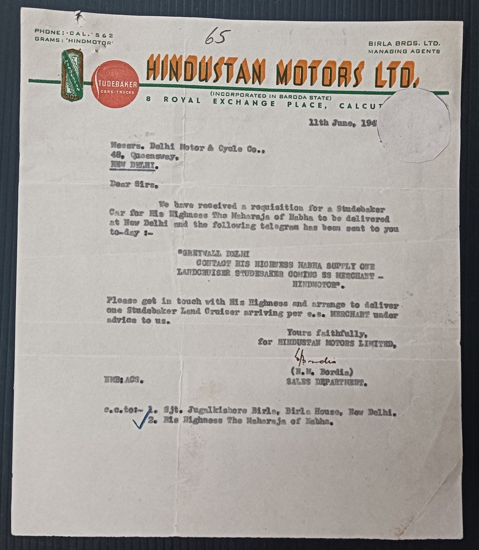 India 1947 HINDUSTAN MOTORS LTD., Calcutta STUDEBAKER letterhead, etc.