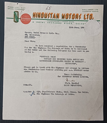 India 1947 HINDUSTAN MOTORS LTD., Calcutta STUDEBAKER letterhead, etc.