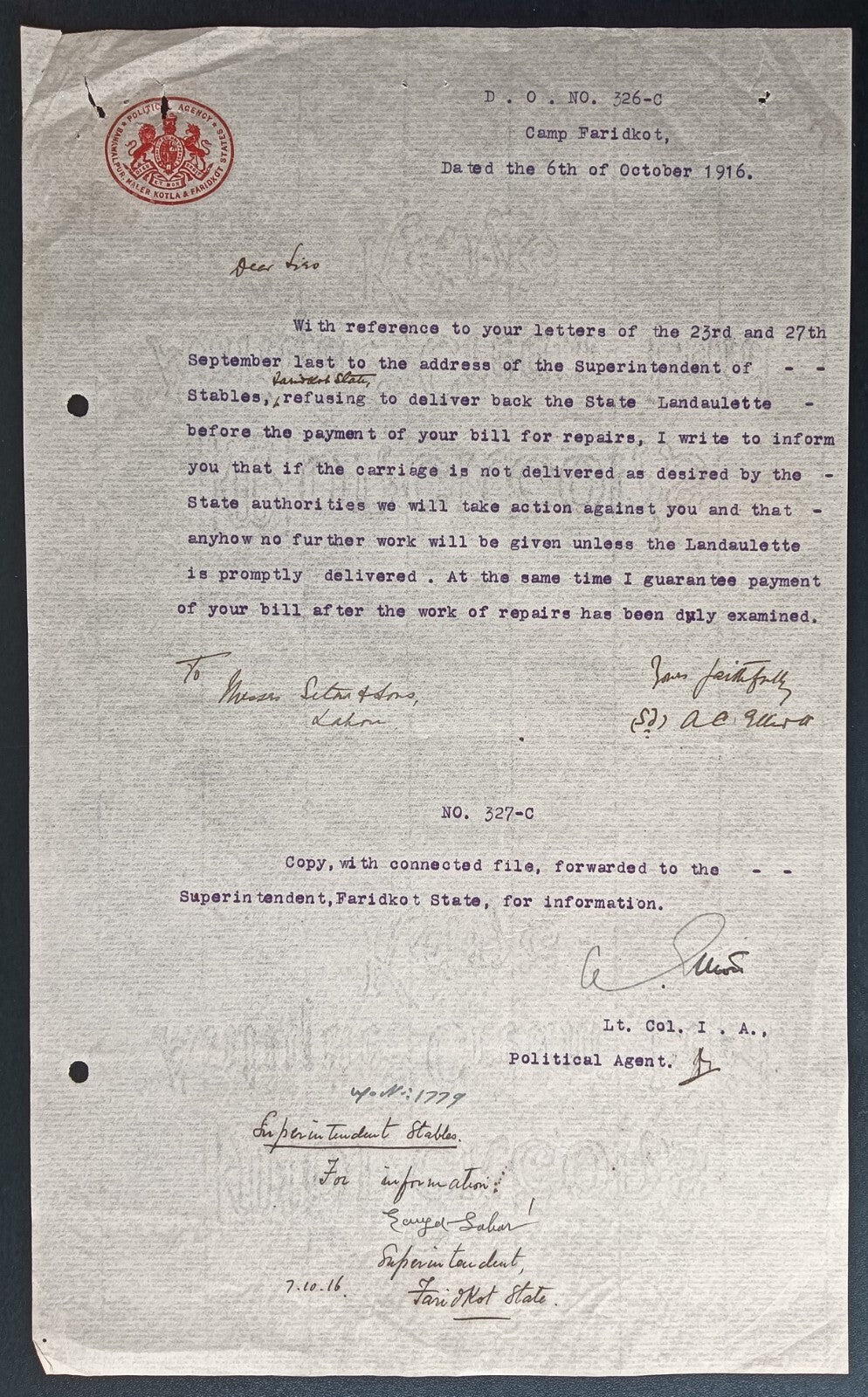 India 1916 crested letter POLITICAL AGENCY BAHAWALPUR MALER KOTLA FARIDKOT STATE