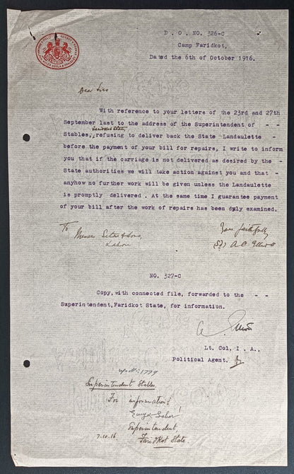 India 1916 crested letter POLITICAL AGENCY BAHAWALPUR MALER KOTLA FARIDKOT STATE