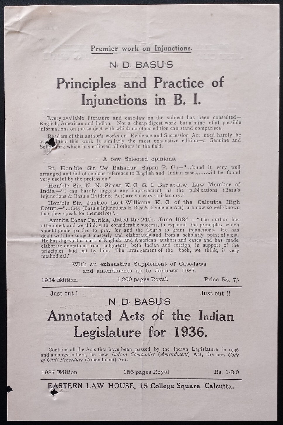 AOP India Eastern Law House, Calcutta Feb 1937 Book List