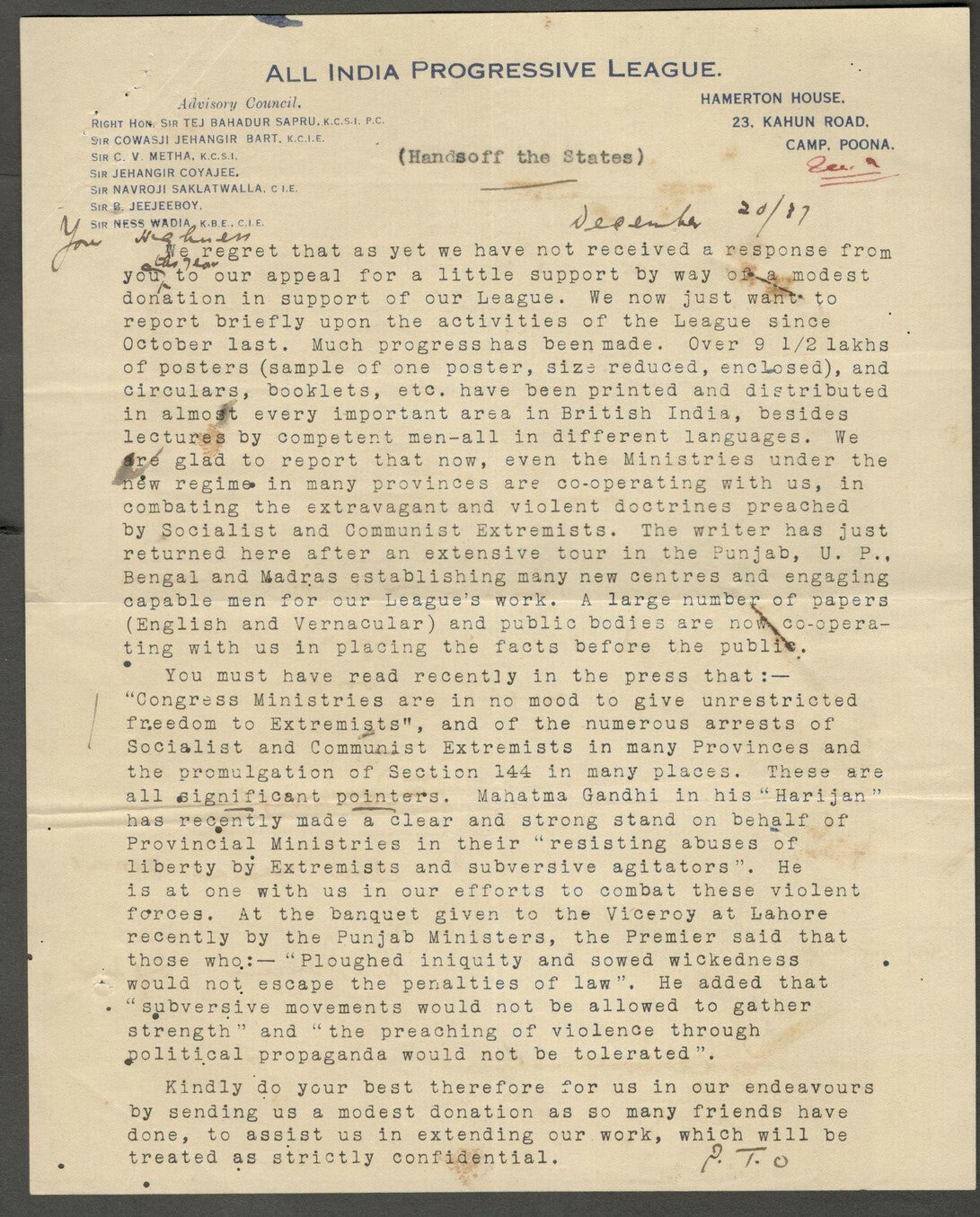 AOP All India Progressive League 1938 State of Union letter HANDS OFF THE STATE