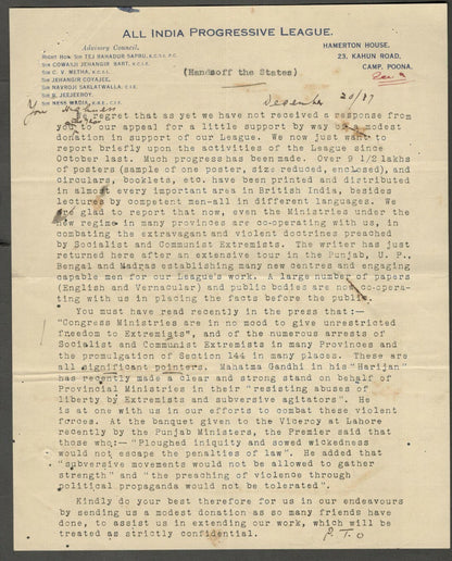 AOP All India Progressive League 1938 State of Union letter HANDS OFF THE STATE