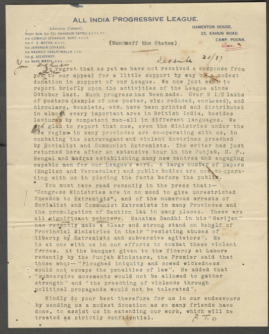 AOP All India Progressive League 1938 State of Union letter HANDS OFF THE STATE