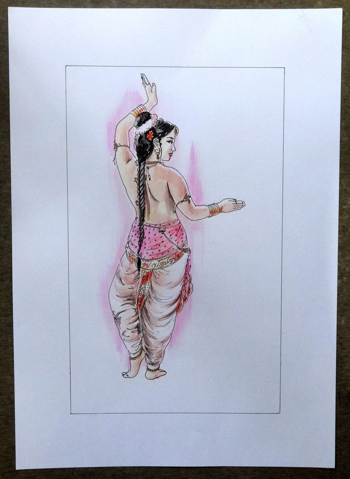 Indian Dancing Beauty watercolours, crayons & ink on card 11.5” x 17.5”