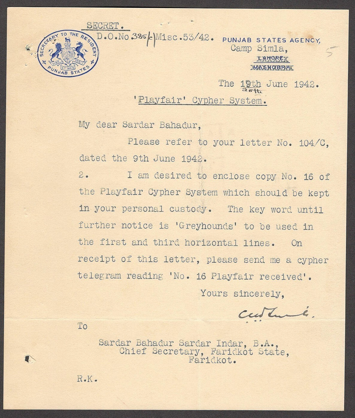India 1942 crested letter SECRETARY TO RESIDENT PUNJAB STATES Playfair Cypher