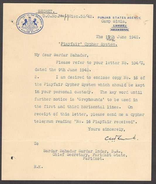 India 1942 crested letter SECRETARY TO RESIDENT PUNJAB STATES Playfair Cypher