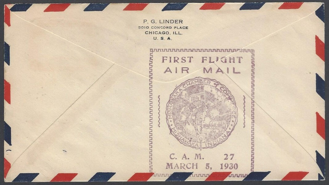 AOP USA 1929 CAM-27 FFC First Flight cover Mishawaka, Indiana