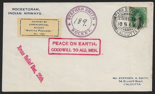 India 1938 rocketogram MARTHA PAGANINI No. 189 with label signed