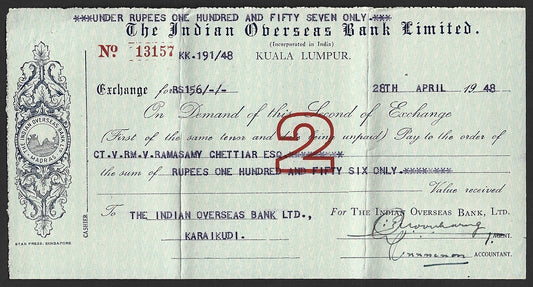 Malaya Indian Overseas Bank, Kuala Lumpur 1948 check cheque
