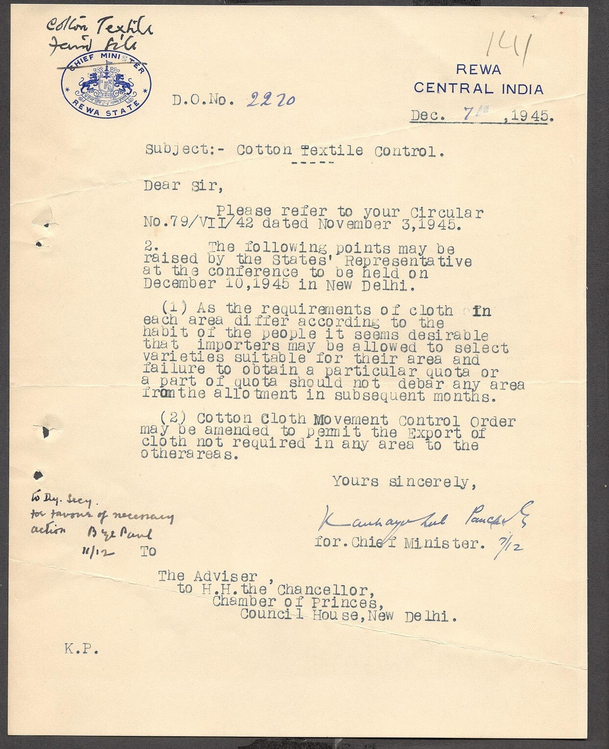 India 1945 crested letter CHIEF MINISTER / REWA STATE signed