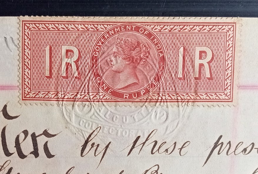India QV 1R Special Adhesive revenue on PoA GB 10s revenue & 1897 postage 1s zaz