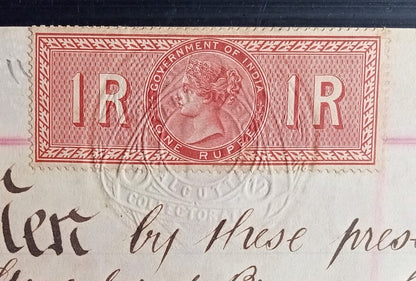 India QV 1R Special Adhesive revenue on PoA GB 10s revenue & 1897 postage 1s zaz