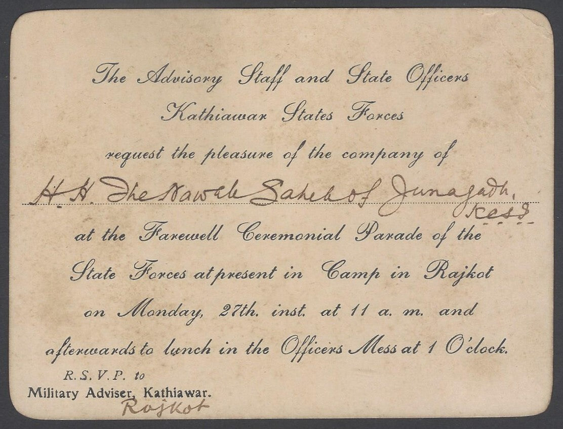 AOP India invitation card Kathiawar State Forces