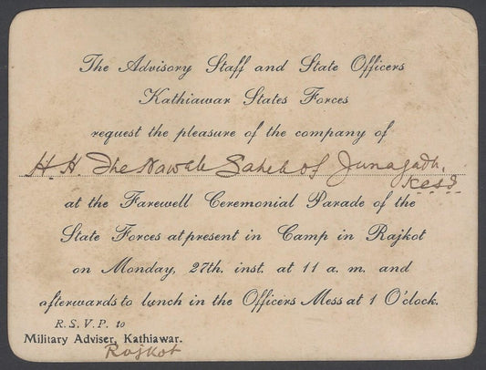 AOP India invitation card Kathiawar State Forces