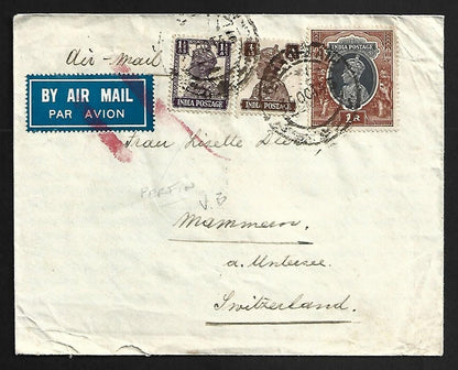 AOP India KGVI cover paid 1R5a6p to Switzerland with jusqu'a bars over label