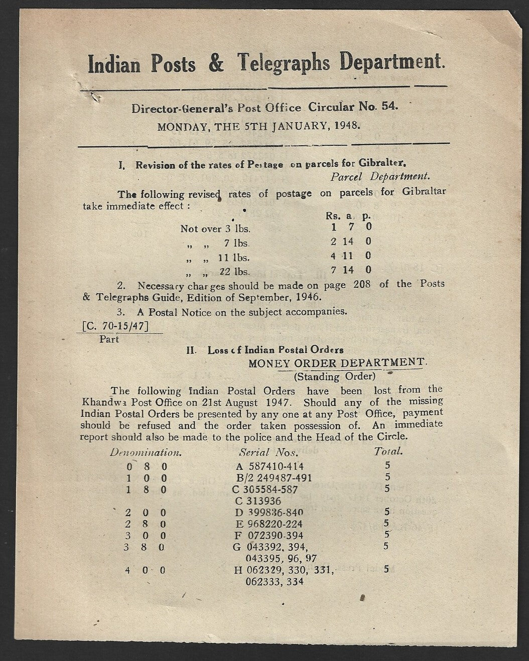 India POSTAL NOTICE #52 5tJan 1948 Postage rates for Gilbraltar + CIRCULAR No.54