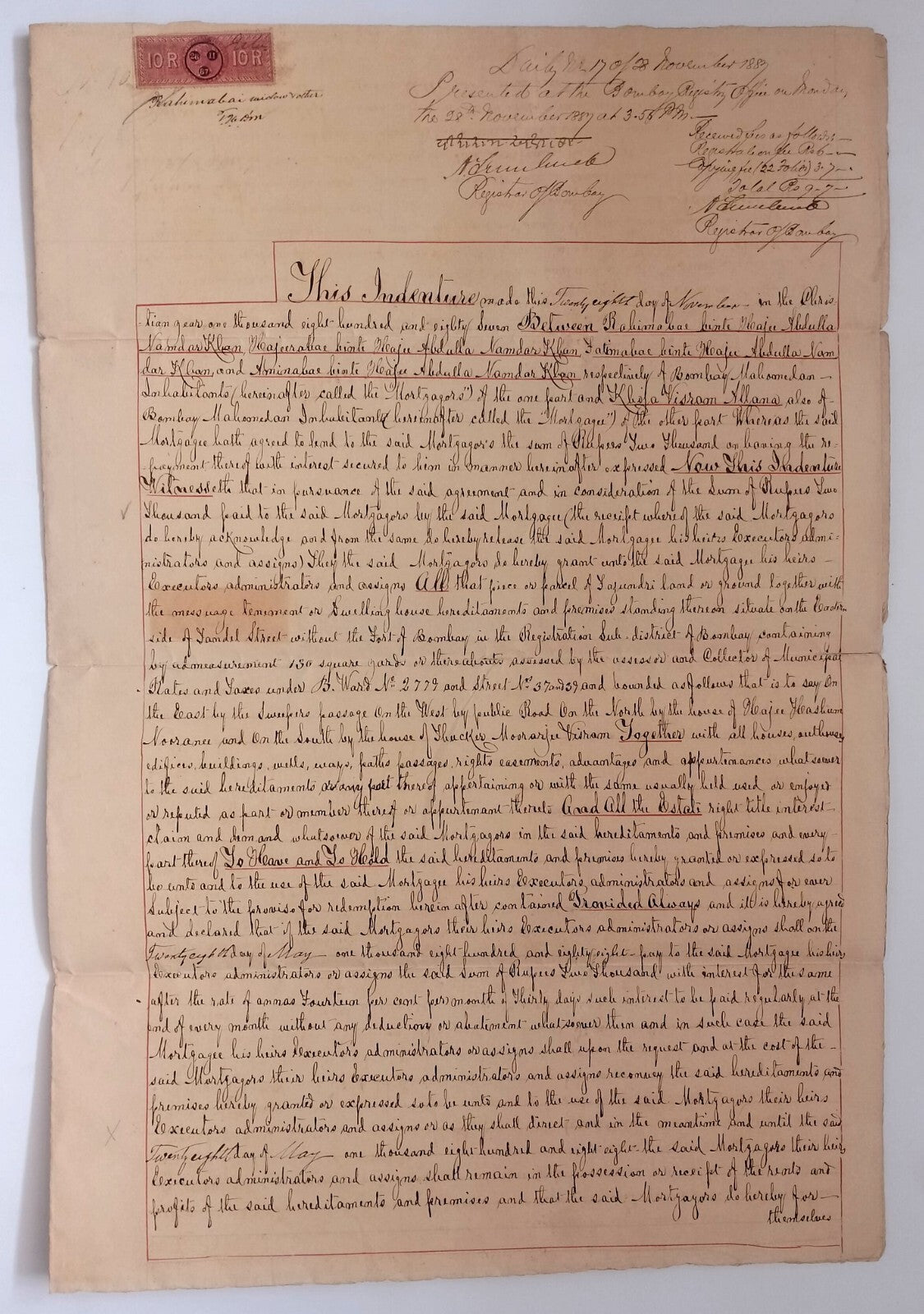AOP India QV Queen Victoria 1868 Special Adhesive 10R on 1883 indenture 3 pgs