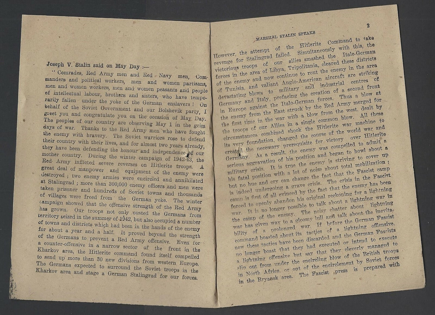 India 1943 WW2 National War Front Propaganda Pamphlet Marshal Stalin Speaks